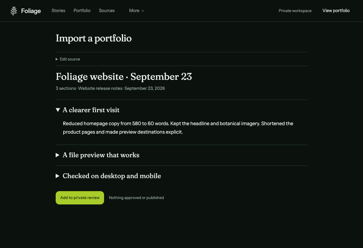 Foliage importing its own website release notes, with three sections to review and the original writing available to edit.