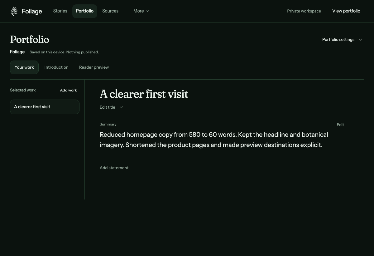 The Foliage editor with a work chooser and the saved account of its website changes.